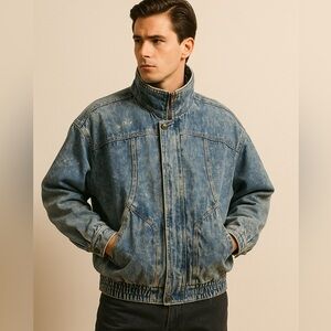 Vintage Acid Wash Denim Bomber Jacket 80s Oversized 3XL 4XL Mock Neck